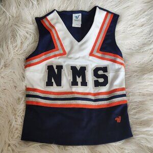 VARSITY Cheerleader Uniform Top White Blue Orange Cheer‎  Made Sz 32+1